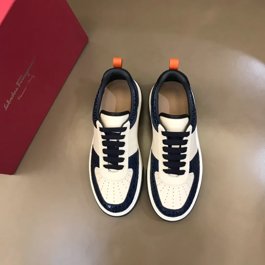p420 "Salvatore Ferraga**" men's low-cut fashion sneakers. This casual shoe has a novel structure and is made of soft calfskin. The contrasting color elements on the upper highlight the bold and avant-garde atmosphere. The first-layer cowhide lining is high-end and comfortable. Energetic and fresh, these shoes can be worn with casual looks or add a touch of street style to elegant trousers.  Size: 38-44